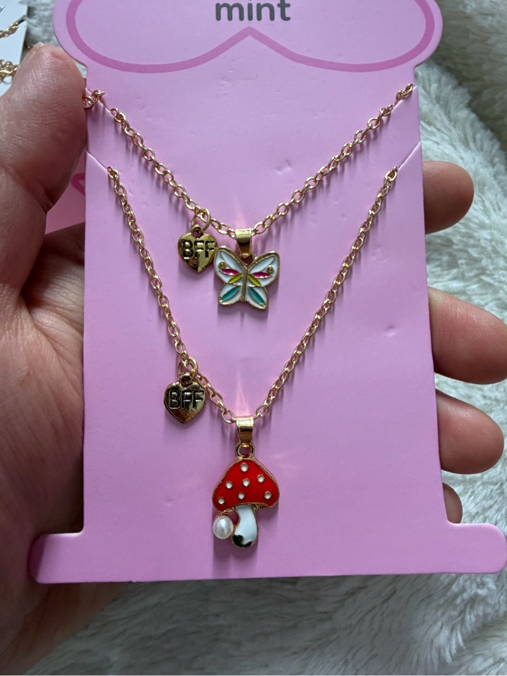 Mint Gold-Tone Layered Necklace Set with Red Mushroom & Multicolor Butterfly
